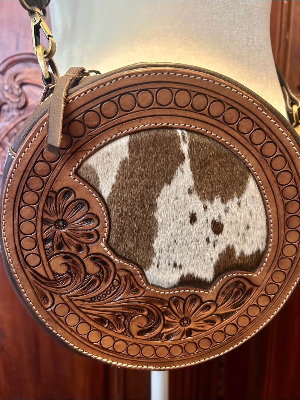 Round Cowhide Crossbody Bag in Brown - Picture 2 of 8